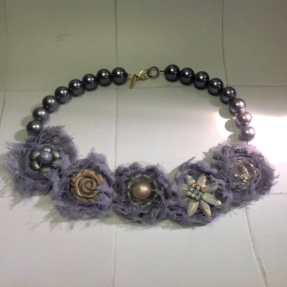 lenora dame Necklace Chunky Floral Mixed Elements Plum Statement Boho - Picture 9 of 15